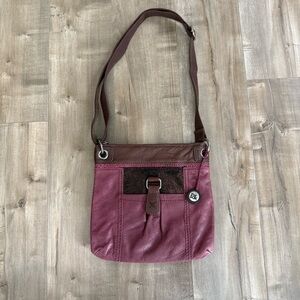 The SAK Vintage Crossbody Bag Leather Red Purple Metallic Brown Fabric Strap